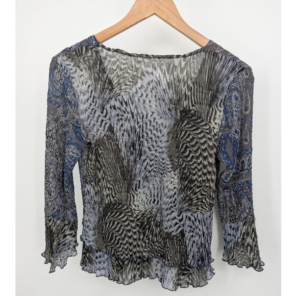 Lightweight Abstract Sheer Crinkle Blouse Blue Black Sequin Detail Size M - Picture 2 of 3